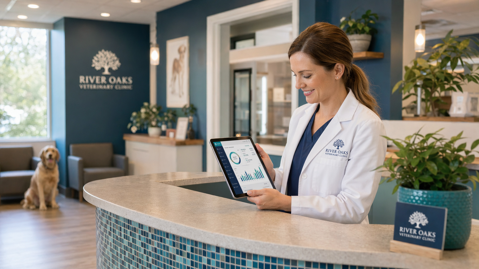 Veterinary clinic front desk with practice manager reviewing ClearPaw analytics dashboard on tablet